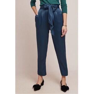 Anthropologie 4 Satin Tie Waist Pants Tapered Ankle Blue paper bag Silky ett:twa
